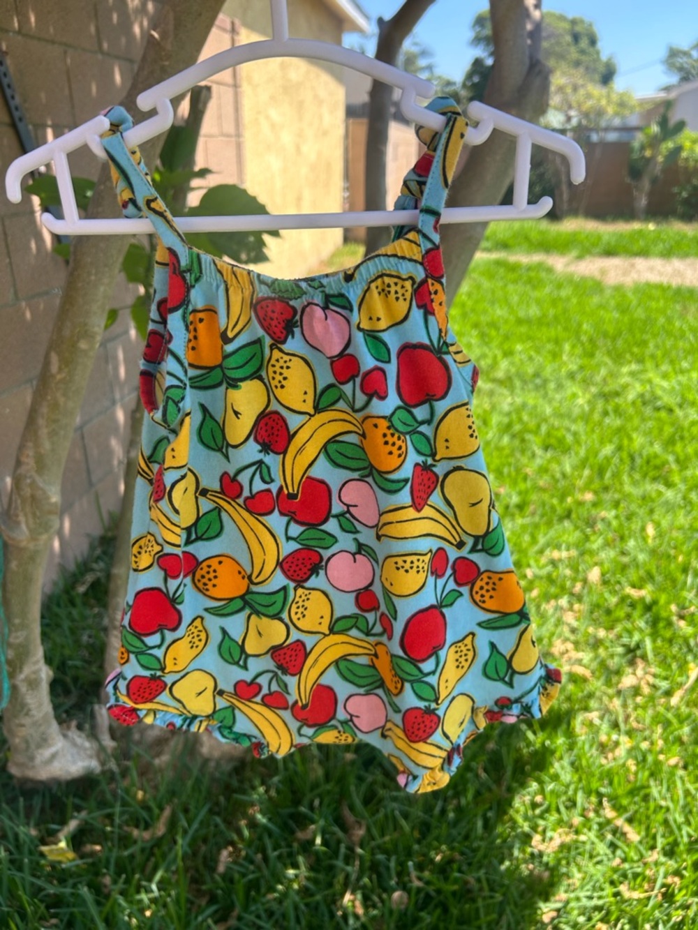 Old Navy Light Blue Fruit-Print Romper with Yellow & Red Accents
